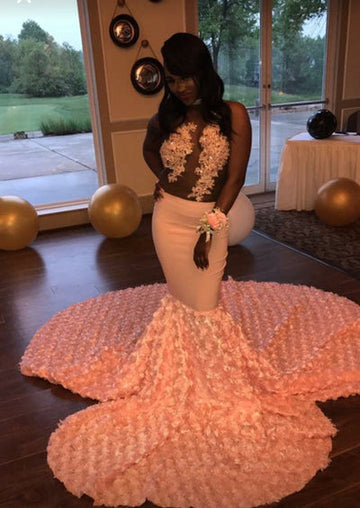 GORGEOUS PINK FLOWERS LACE APPLIQUES PROM DRESS HZ1023
